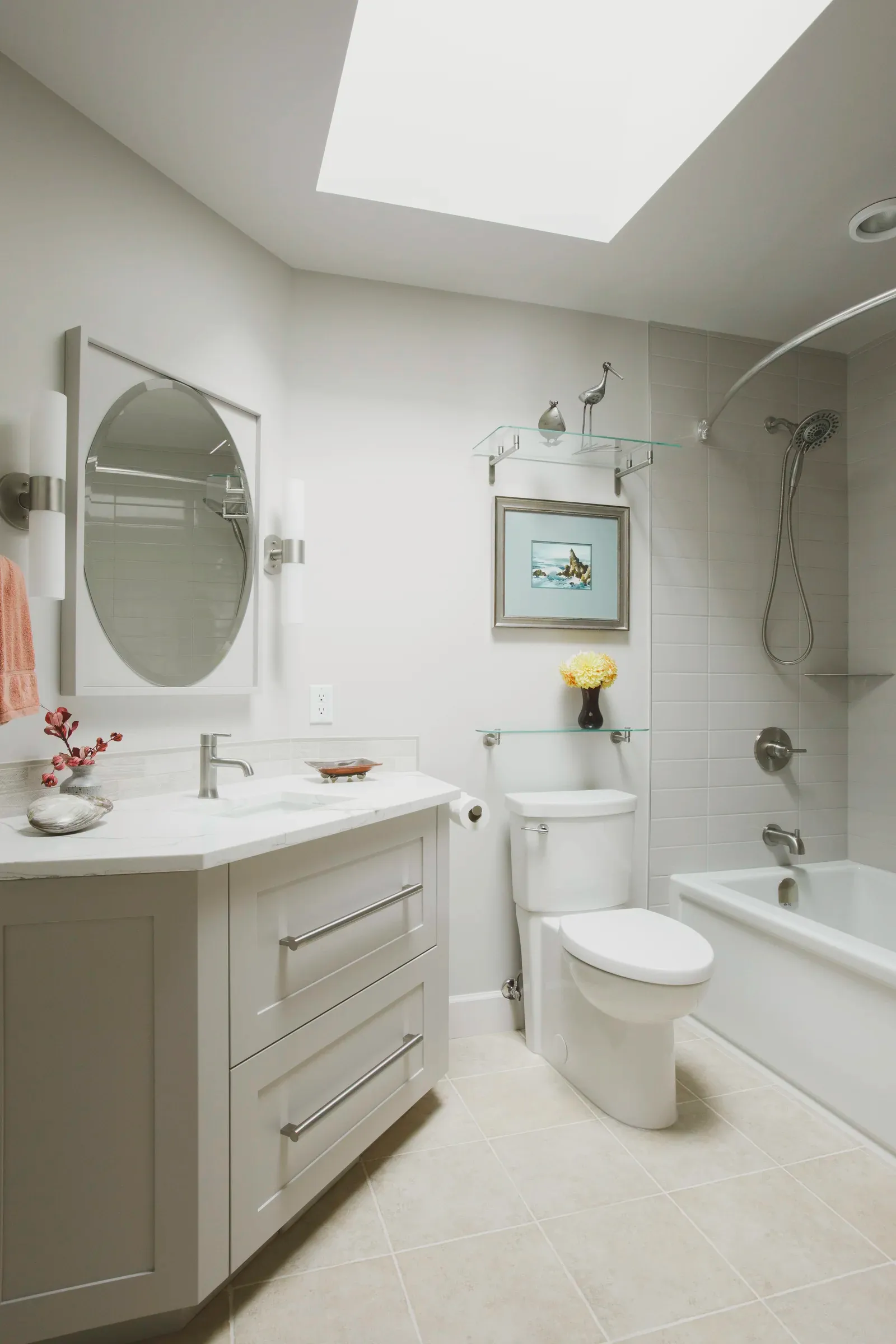 Completed Brentwood bathroom beneath a large skylight